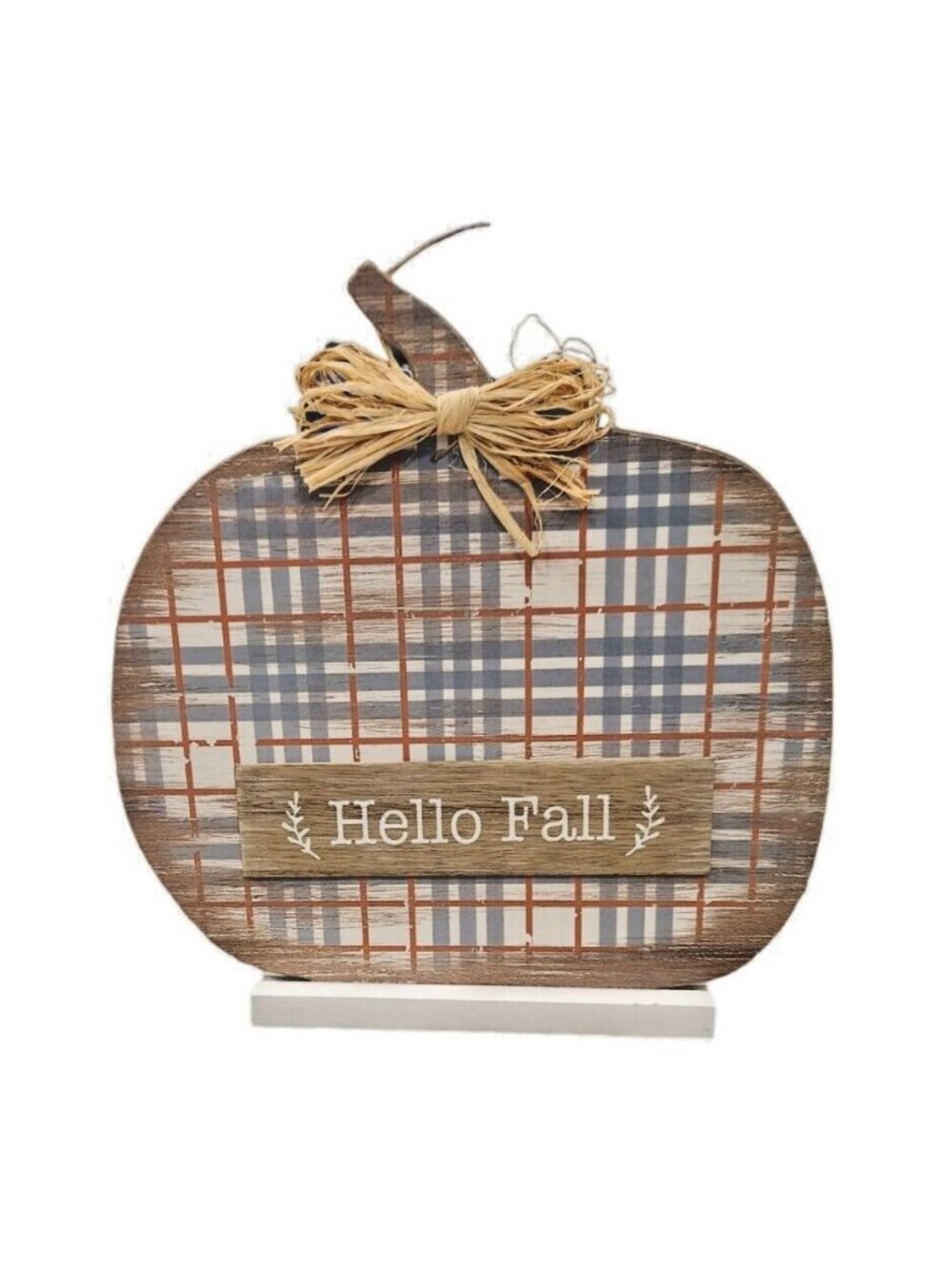 Fall Decor 12" Plaid Wooden Pumpkin Hello Fall Tabletop Stand Grey Brown Rustic